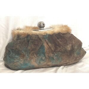 Brown Teal Faux Fur Clutch Bag Soft Plush Evening Purse Glam Handbag Kiss Lock